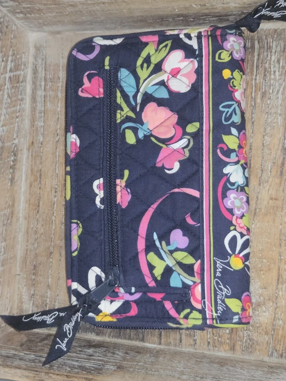 Vera Bradley Turnlock Wallet Flower Shower Navy Floral Quilted Zip Accordion